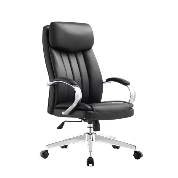 Photo 1: Brett Exec office chair in black PU leather with chrome armrests and base, front three-quarter view