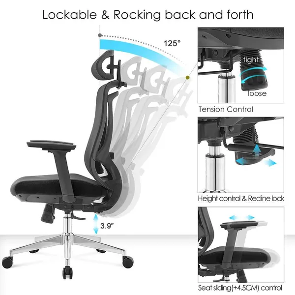 Photo 2: Erika Ergo rocking back to 125 degrees, with tension control, height control, recline lock and sliding seat