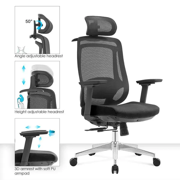 Photo 5: Erika Ergo with close-ups of the adjustable headrest and the 3D armrest
