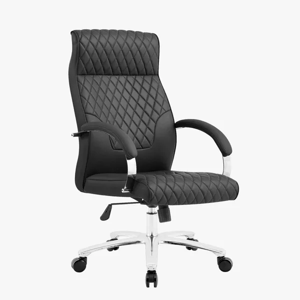 Photo 1: Julie Style high-back office chair in black quilted PU leather with chrome armrests, front three-quarter view