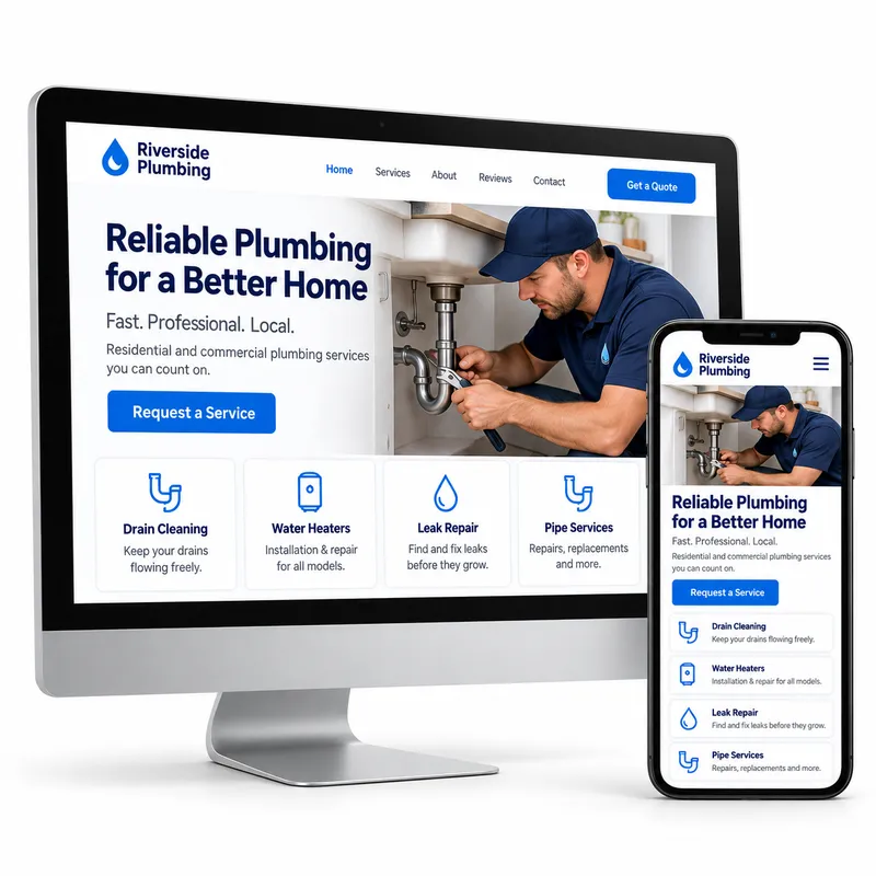 A plumber's website on a computer screen and a phone