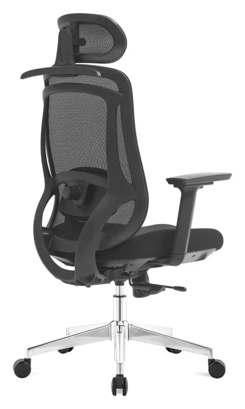 Black ergonomic office chair with a mesh back and headrest