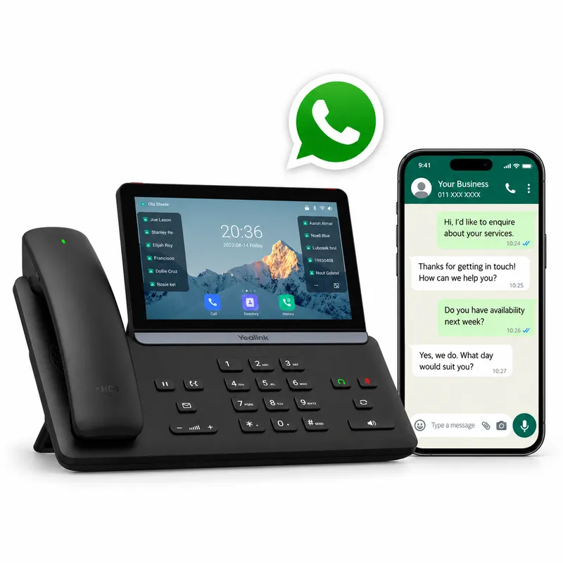 A desk phone next to a cellphone showing a WhatsApp chat